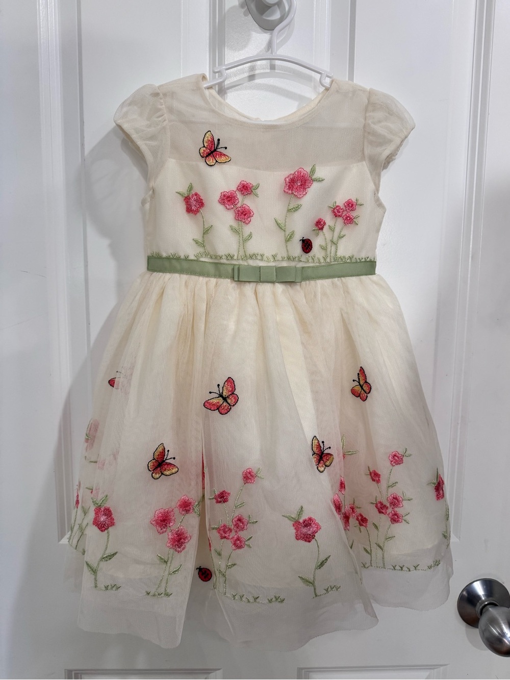 Jona Michelle Cream Dress with Pink Floral & Butterfly Embroidery